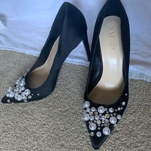 Nine West Black Satin Pearl Accent Stilettos